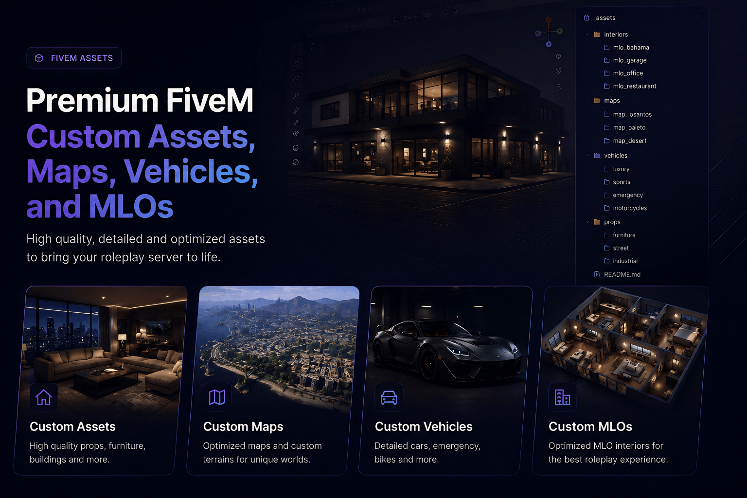 High-quality custom FiveM assets collection including realistic MLOs, detailed vehicles, custom maps, immersive props, optimized environments, and premium roleplay assets for Qbox, QBCore, ESX, and Standalone servers.