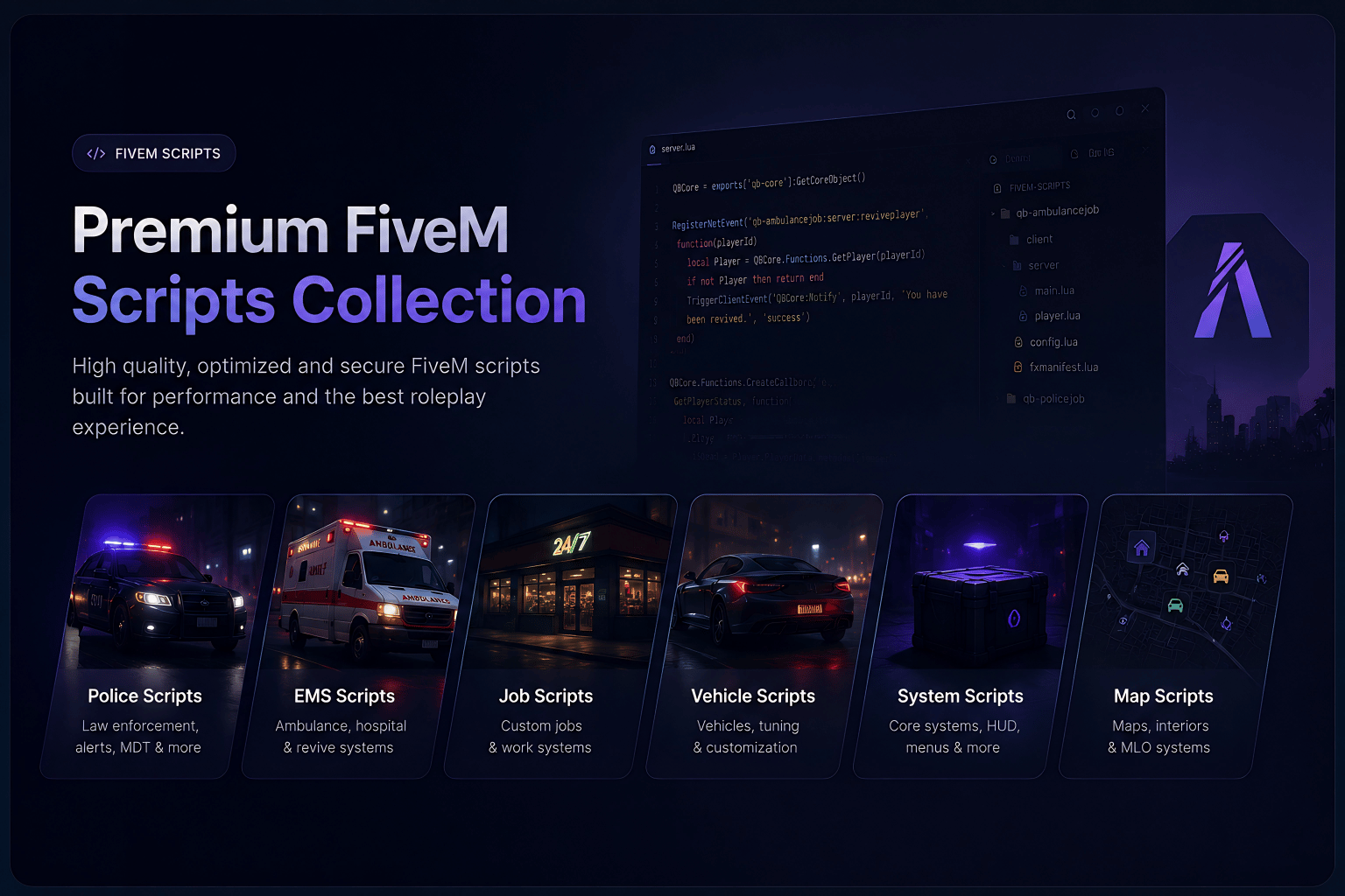 Premium FiveM scripts showcase featuring advanced Qbox, QBCore, ESX, and Standalone roleplay systems with modern UI design, optimized performance, immersive gameplay mechanics, and professional server development resources.
