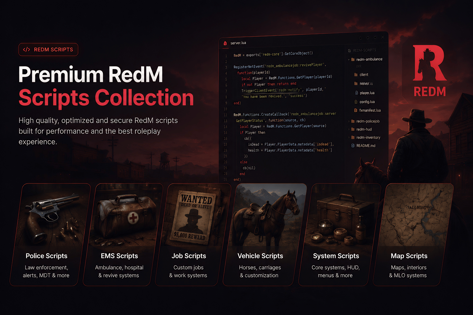 Advanced RedM roleplay scripts preview featuring immersive VORP, RSG, and QBCore systems with realistic western gameplay mechanics, optimized performance, custom jobs, economy systems, and frontier server development resources.
