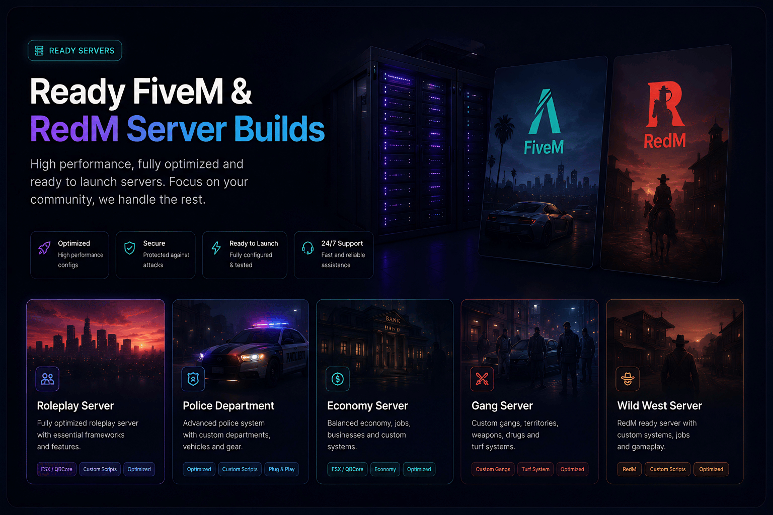 Professional, game-ready FiveM and RedM resources featuring advanced custom development, immersive server systems, optimized scripts, modern interfaces, and high-performance content for Qbox, QBCore, ESX, Standalone, VORP, and RSG frameworks.